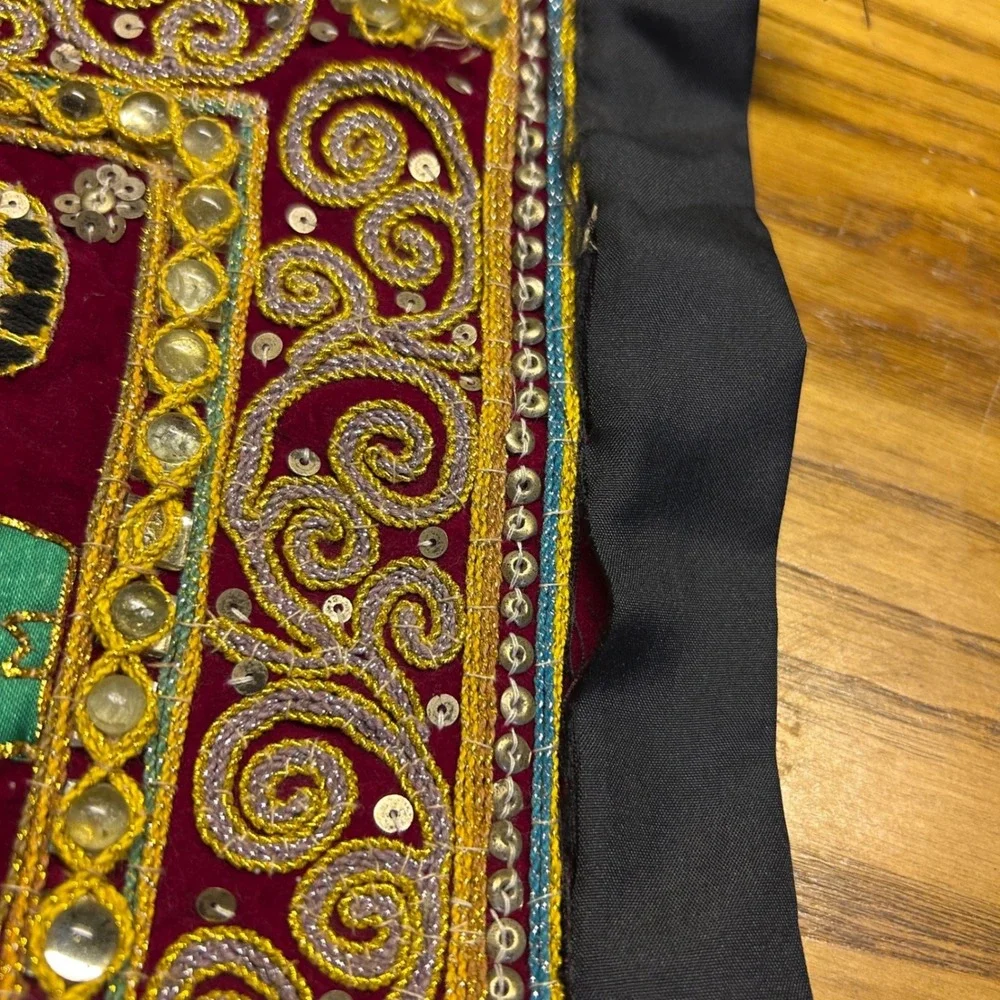 Vintage Kalaga Tapestry Velvet beaded wall scroll Gold Elephant Embroidery